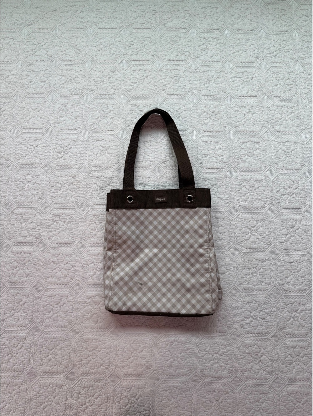 Y2K Thirty-One Gingham Tote Bag with Brown Trim and Handles
